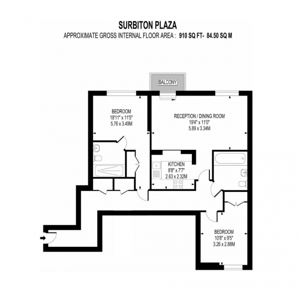 Floor Plan for 2 Bedroom Apartment for Sale in St. Marys Road, Surbiton, KT6, 4EP - Guide Price &pound525,000