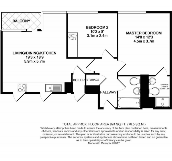 Floor Plan for 2 Bedroom Apartment to Rent in Great Northern Tower (LO), 1 Watson Street, M3, 4EF - £415 pw | £1800 pcm