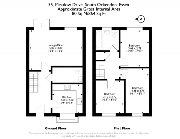 Floor Plan for 3 Bedroom Semi-Detached House for Sale in Meadow Drive, Aveley, RM15, 4DY - Guide Price &pound335,000