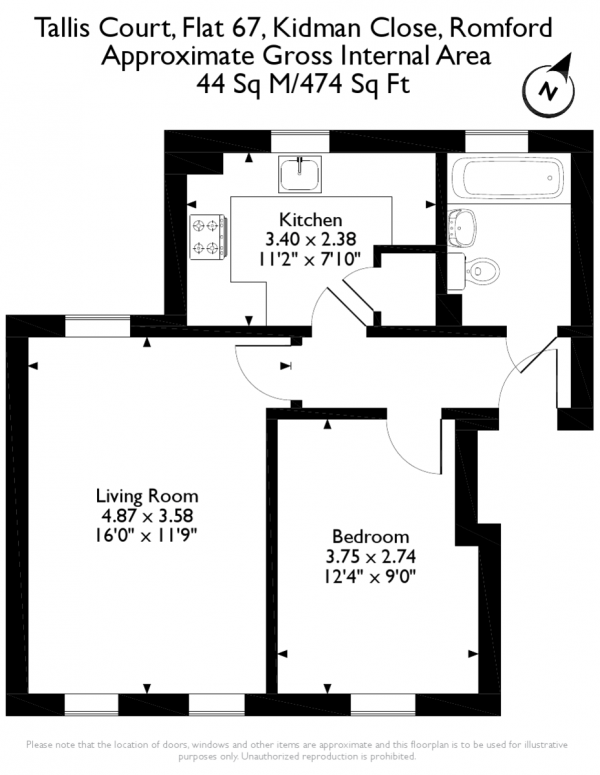 Floor Plan for 1 Bedroom Flat for Sale in Kidman Close, Gidea Park, RM2, 6GH - OIRO &pound220,000