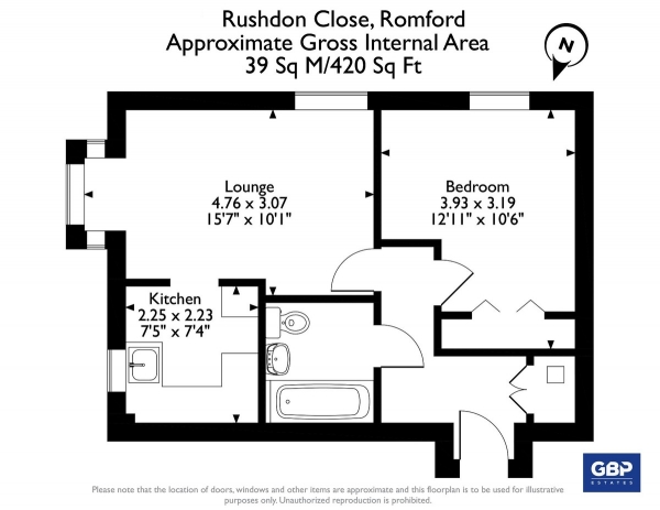 Floor Plan for 1 Bedroom Apartment for Sale in Rushdon Close, Romford, RM1, 2RE - OIRO &pound190,000