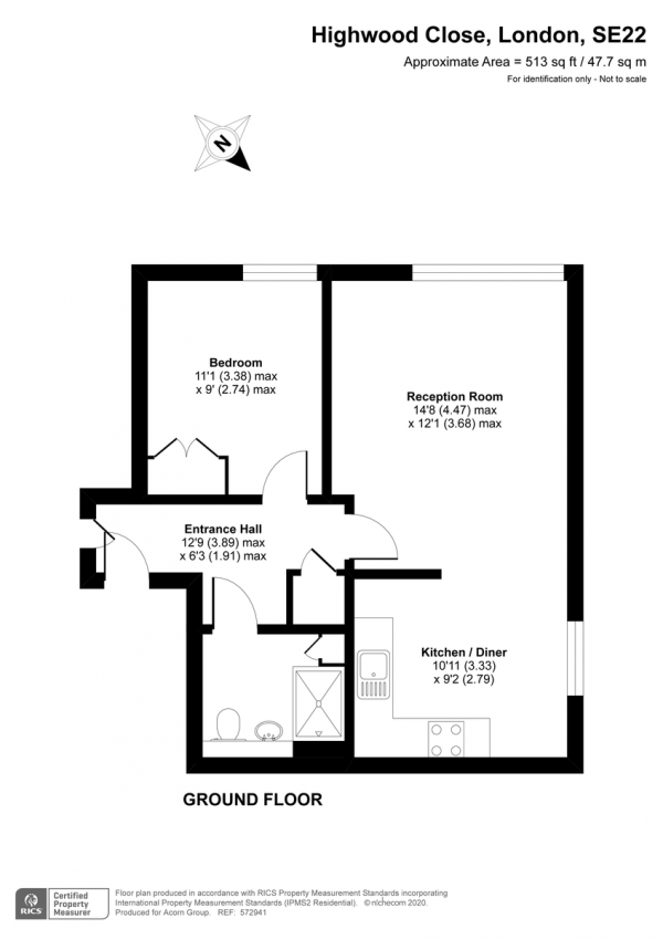 Floor Plan for 1 Bedroom Ground Flat for Sale in Highwood Close, East Dulwich, SE22, 8NJ -  &pound339,950