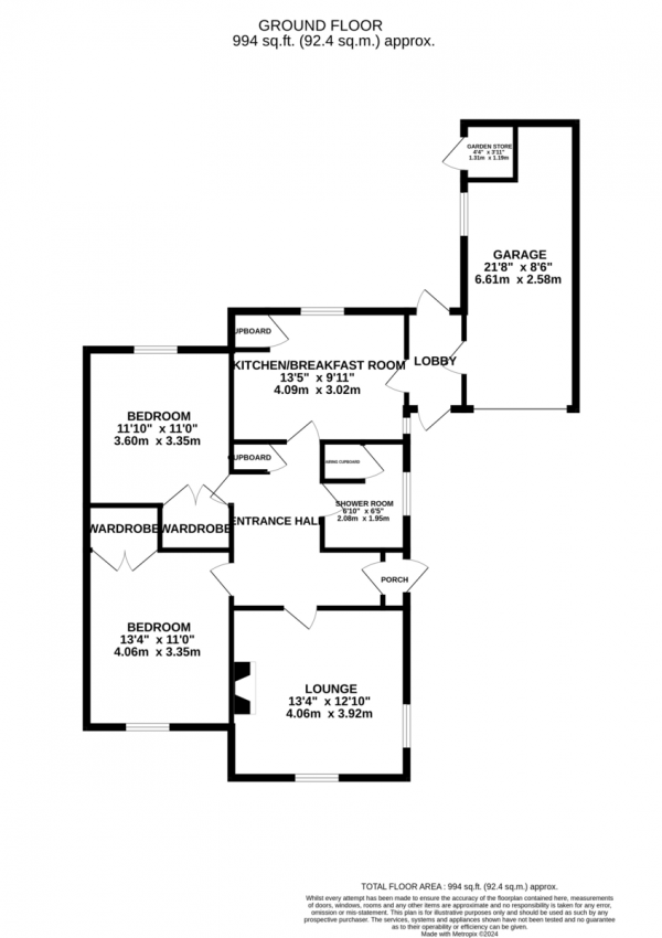 Floor Plan for 2 Bedroom Detached Bungalow for Sale in The Plantation, Countesthorpe, Leicester, LE8, 5ST -  &pound300,000