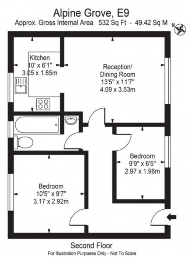 Floor Plan for 2 Bedroom Apartment for Sale in Alpine Grove, Hackney, E9, 7SX -  &pound450,000