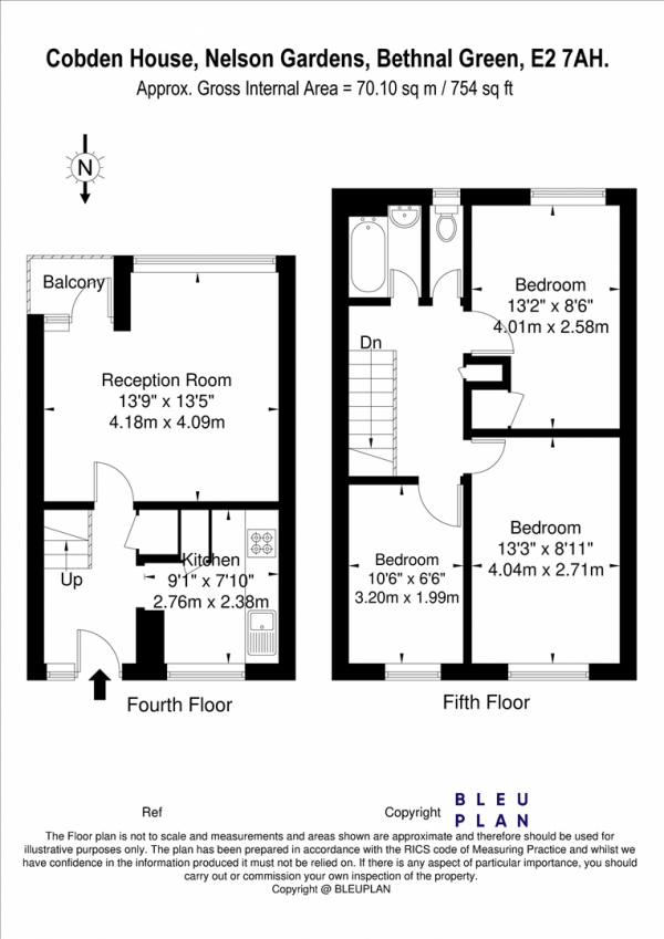 Floor Plan Image for 3 Bedroom Apartment for Sale in Cobden House, Nelson Gardens, Bethnal Green, E2