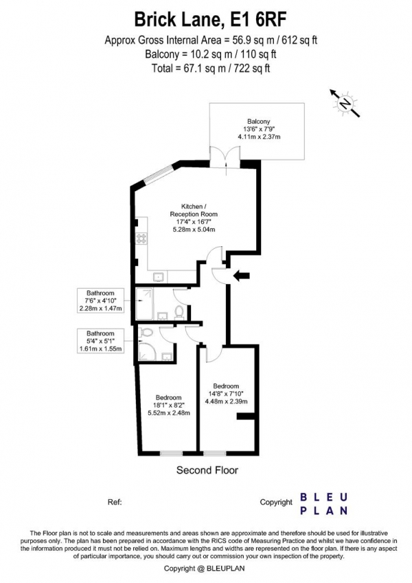 Floor Plan Image for 2 Bedroom Apartment to Rent in Brick Lane, Shoreditch, E1