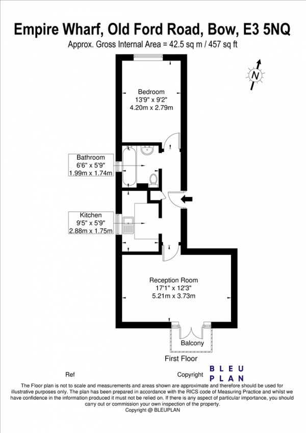 Floor Plan for 1 Bedroom Apartment for Sale in Empire Wharf, Old Ford Road, Bow, E3, E3, 5NQ - Guide Price &pound375,000