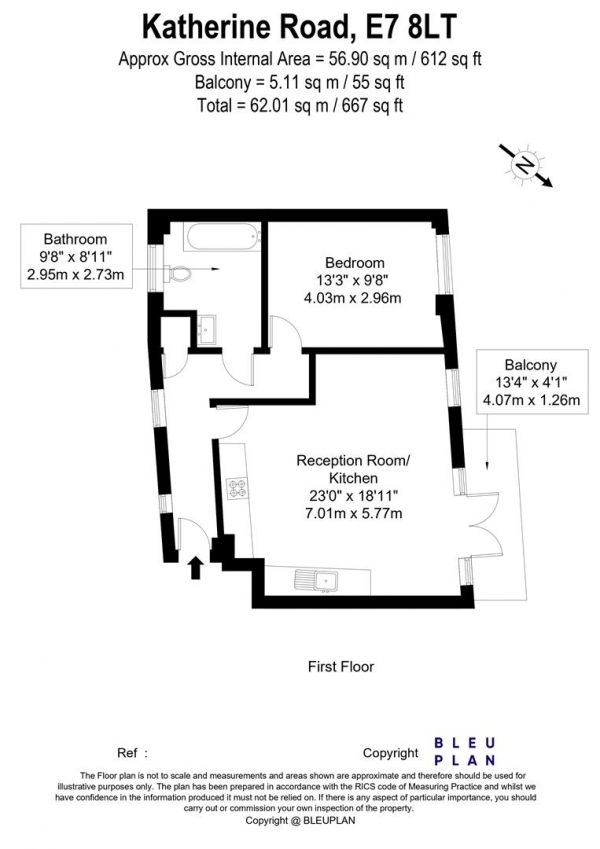 Floor Plan Image for 1 Bedroom Apartment to Rent in Katherine Road, Forest Gate, E7