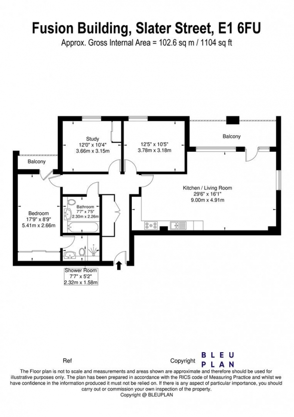 Floor Plan for 3 Bedroom Apartment to Rent in Fusion Court, Sclater Street, Shoreditch, E1, E1, 6FU - £808 pw | £3500 pcm