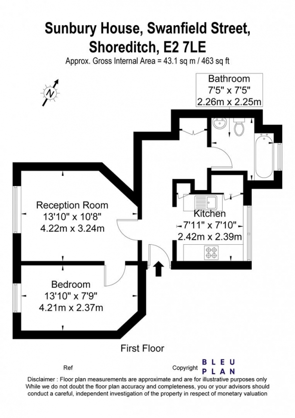 Floor Plan Image for 1 Bedroom Apartment to Rent in Sunbury House, Swanfield Street, Shoreditch E2