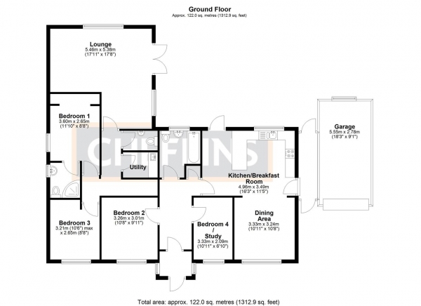Floor Plan for 4 Bedroom Detached Bungalow for Sale in Lawn Lane, Sutton, Ely, CB6, 2RE - Guide Price &pound395,000