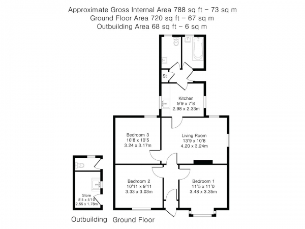 Floor Plan for 3 Bedroom Semi-Detached Bungalow for Sale in Radwinter Road, Sewards End, Saffron Walden, CB10, 2LR - Guide Price &pound375,000