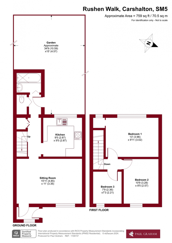 Floor Plan for 3 Bedroom Terraced House for Sale in Rushen Walk, Carshalton, SM5, 1PY - Guide Price &pound400,000