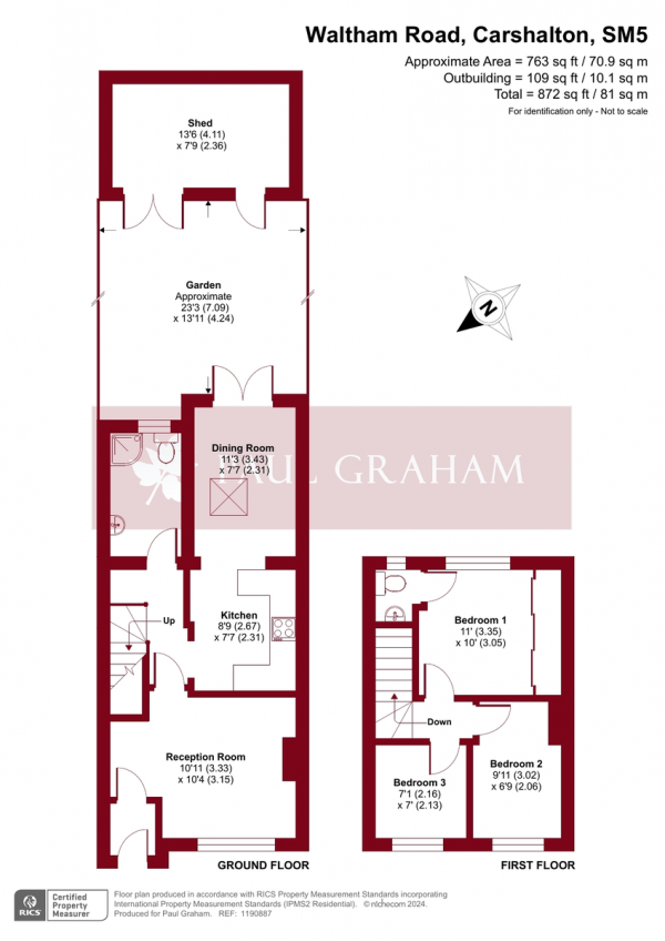 Floor Plan for 3 Bedroom Terraced House for Sale in Waltham Road, Carshalton, SM5, 1PS -  &pound425,000