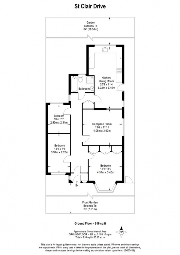 Floor Plan Image for 3 Bedroom Semi-Detached Bungalow for Sale in St. Clair Drive, Worcester Park KT4