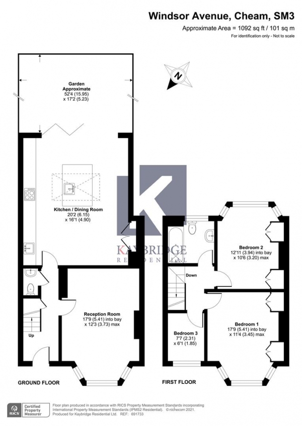 Floor Plan for 3 Bedroom Terraced House for Sale in Windsor Avenue, Cheam, Sutton, SM3, 9RX - Offers in Excess of &pound525,000