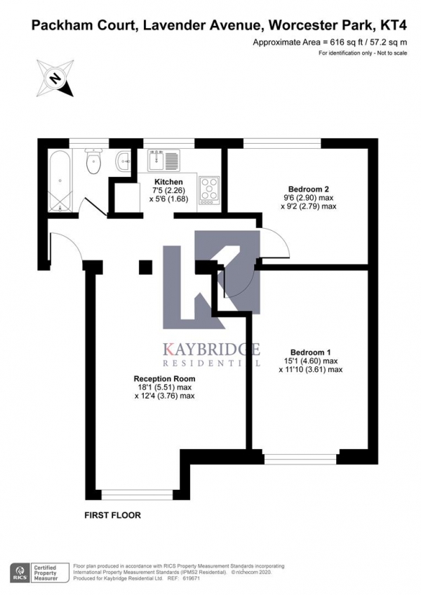 Floor Plan Image for 2 Bedroom Flat to Rent in Lavender Avenue, Worcester Park,KT4