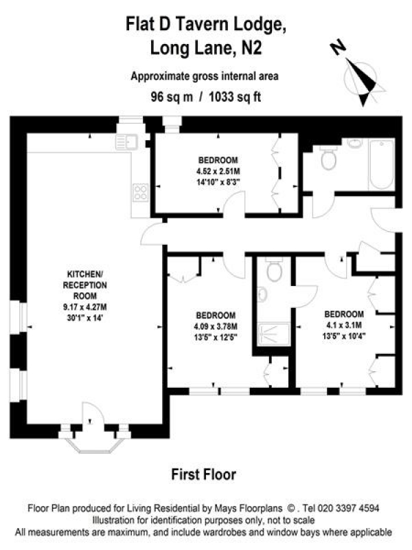 Floor Plan Image for 3 Bedroom Apartment to Rent in Tavern Lodge, 383 Long Lane, East Finchley