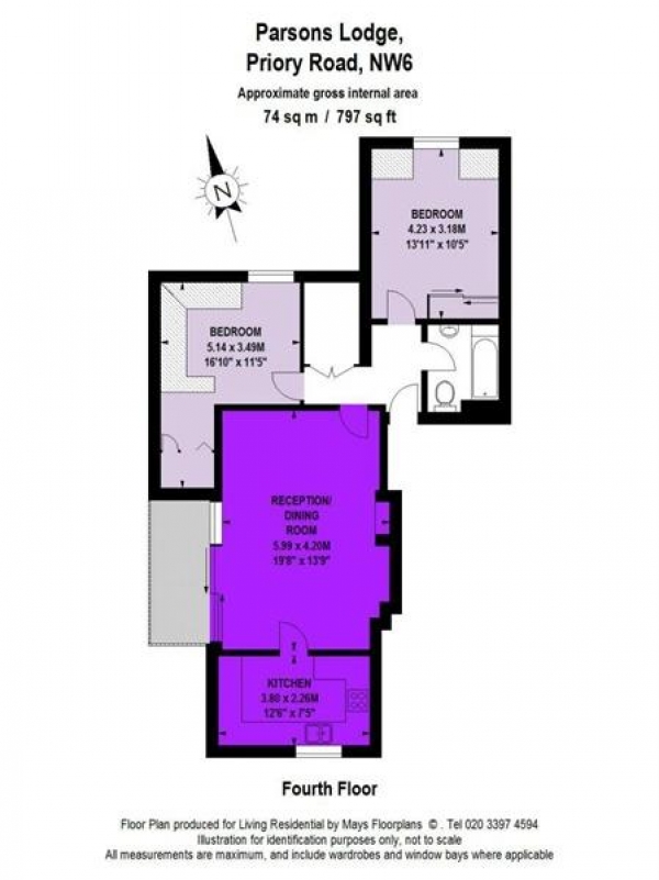 Floor Plan Image for 2 Bedroom Flat to Rent in Parsons Lodge, Priory Road, West Hampstead