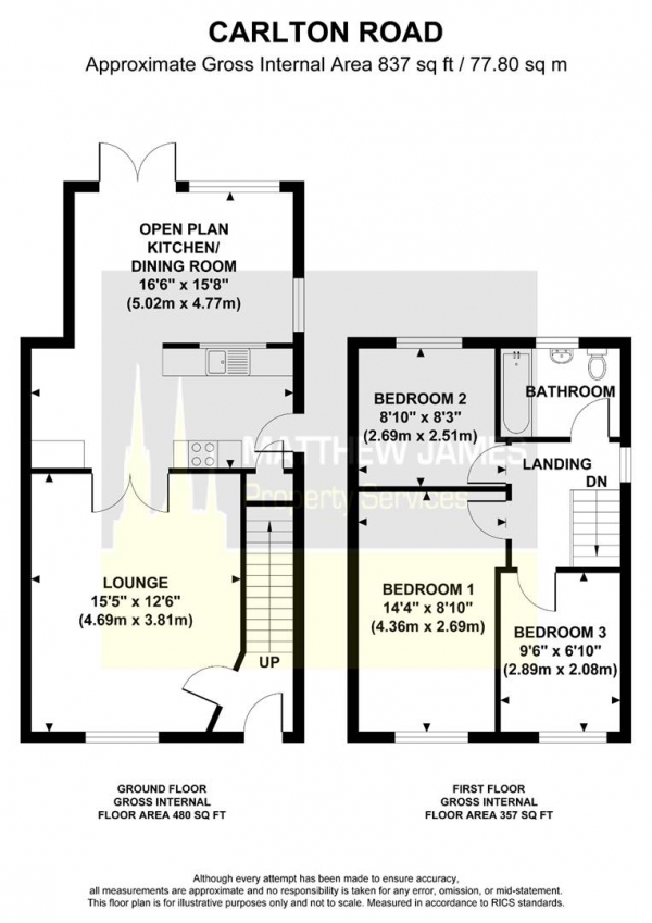 Floor Plan Image for 3 Bedroom Semi-Detached House for Sale in Carlton Road, Rugby * VACANT / REFURBISHED THROUGHOUT *