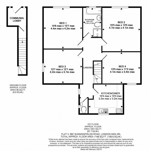 Floor Plan Image for 4 Bedroom Apartment to Rent in Sunningfields Road, Hendon, London, NW4