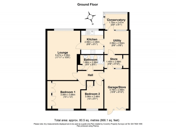 Floor Plan for 2 Bedroom Detached Bungalow for Sale in Milford Close, Allesley Village, Coventry, CV5, 9BS - Offers Over &pound270,000