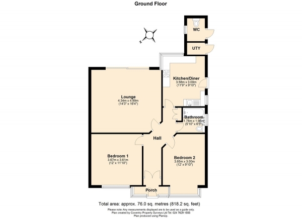 Floor Plan for 2 Bedroom Semi-Detached Bungalow for Sale in Hadleigh Rd, Finham , Coventry, CV3, 6FF -  &pound330,000