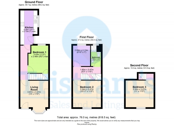 Floor Plan for 3 Bedroom Terraced House to Rent in Wimbourne Road, Nottingham, NG7, 5PD - £242 pw | £1050 pcm