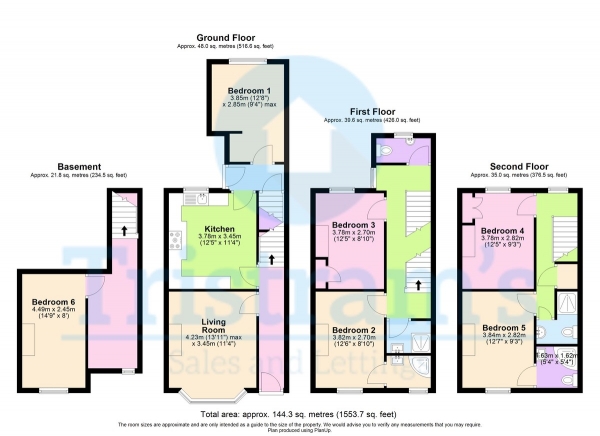 Floor Plan for 6 Bedroom Terraced House to Rent in Portland Road, Nottingham, NG7, 4GP - £720  pw | £3120 pcm