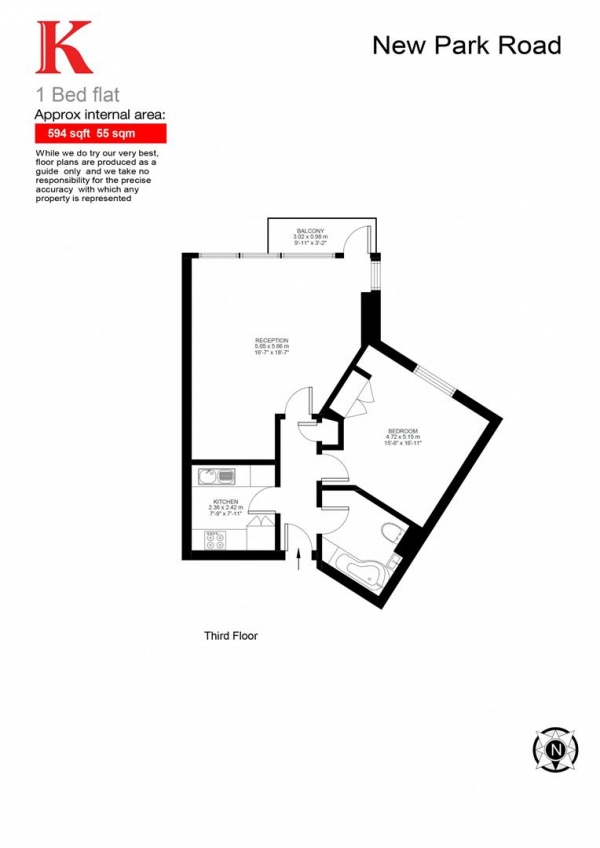 Floor Plan for 1 Bedroom Flat for Sale in Courtenay House, New Park Road, SW2, SW2, 4DN -  &pound325,000