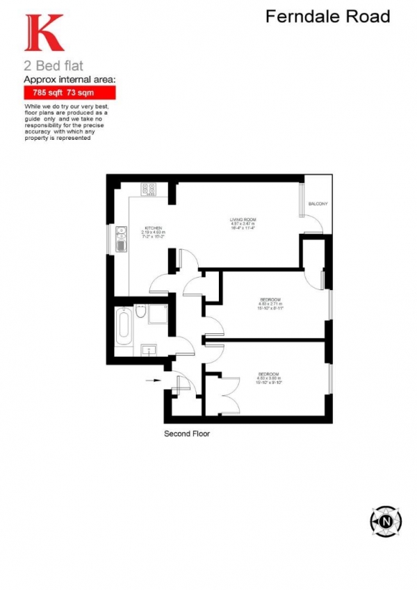 Floor Plan for 2 Bedroom Flat for Sale in Ferndale Road, SW4, SW4, 7SD -  &pound550,000