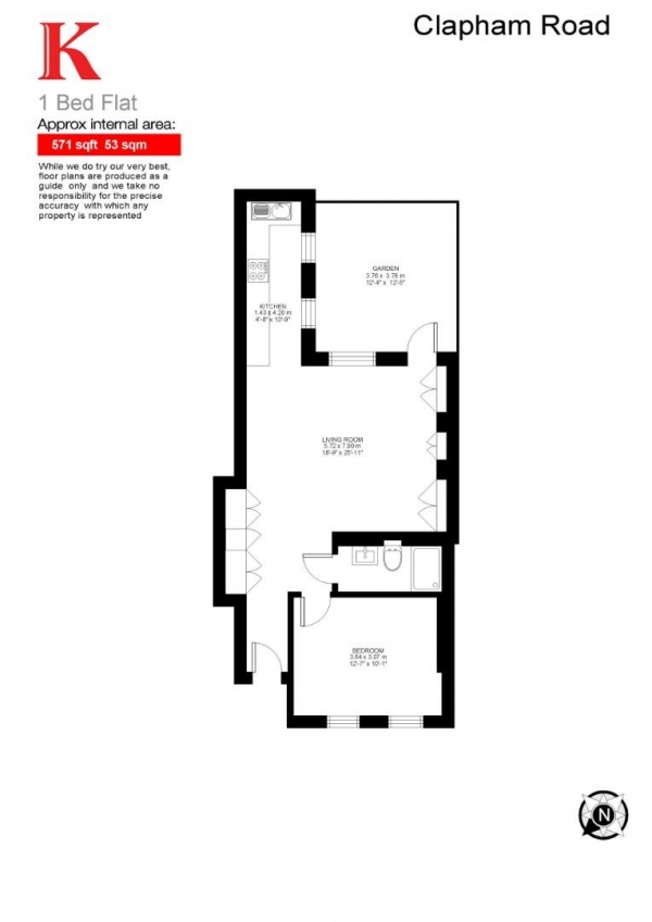 Floor Plan for 1 Bedroom Flat for Sale in Clapham Road, Clapham, London, SW9, 9BT -  &pound475,000