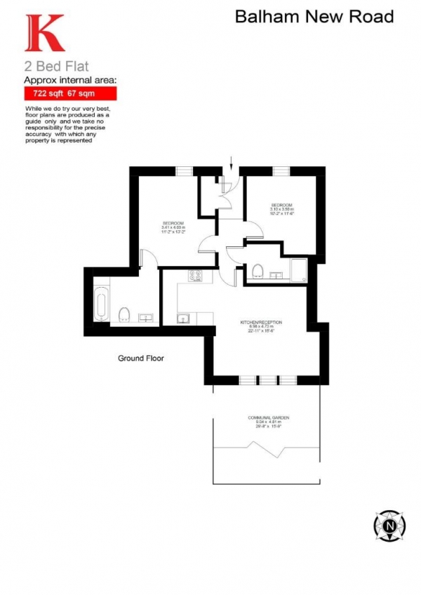 Floor Plan for 2 Bedroom Flat for Sale in Balham New Road, SW12, SW12, 9PH -  &pound535,000