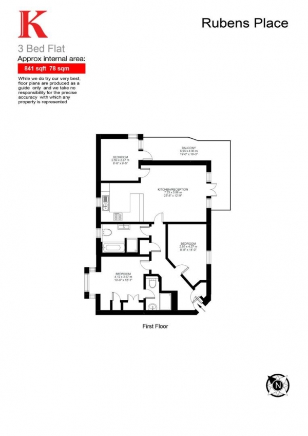 Floor Plan Image for 3 Bedroom Flat for Sale in Rubens Place, SW4