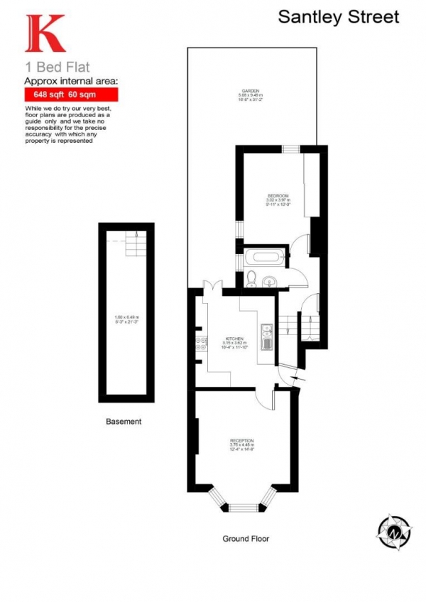 Floor Plan for 1 Bedroom Flat for Sale in Santley Street, SW4, SW4, 7QE -  &pound499,950