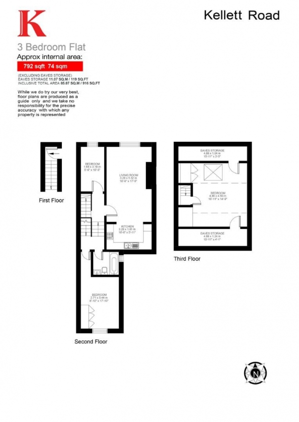 Floor Plan for 3 Bedroom Flat for Sale in Kellett Road, SW2, SW2, 1EB -  &pound550,000