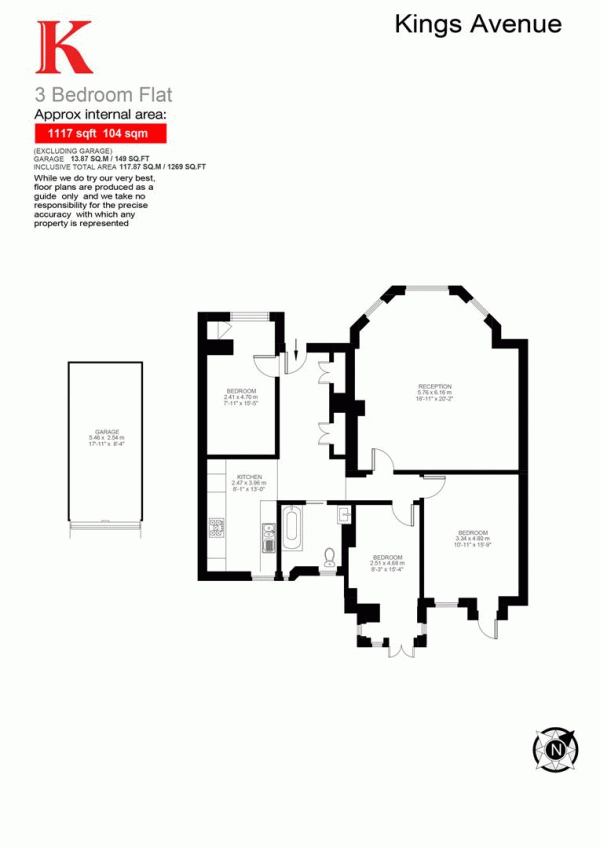 Floor Plan for 3 Bedroom Flat for Sale in Kings Avenue, SW4, SW4, 8EB -  &pound650,000