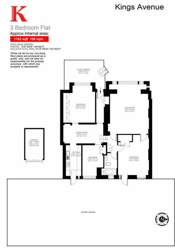 Floor Plan Image for 3 Bedroom Flat for Sale in Kings Avenue, SW4