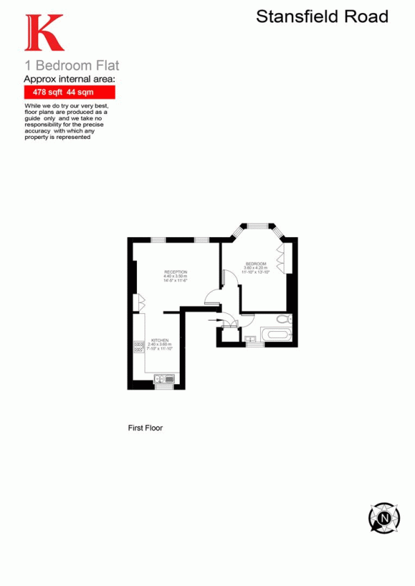 Floor Plan for 1 Bedroom Flat for Sale in Stansfield Road, SW9, SW9, 9RY -  &pound399,950