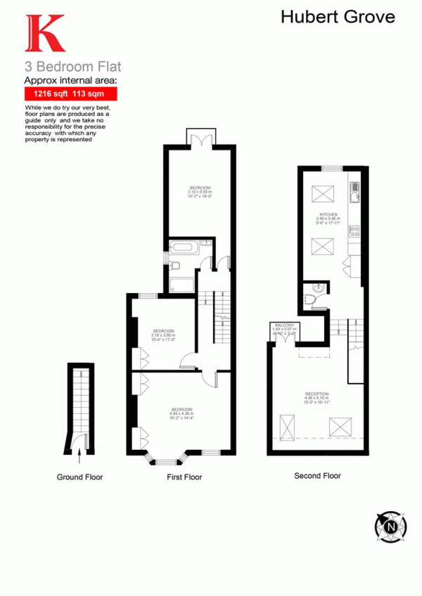 Floor Plan Image for 3 Bedroom Flat for Sale in Hubert Grove, SW9