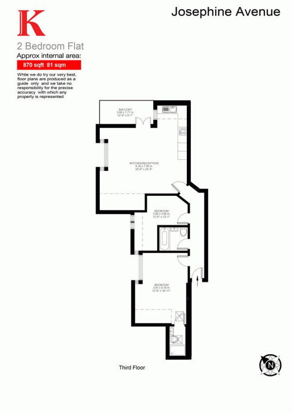 Floor Plan for 2 Bedroom Penthouse for Sale in Josephine Avenue, SW2, SW2, 2JG -  &pound600,000