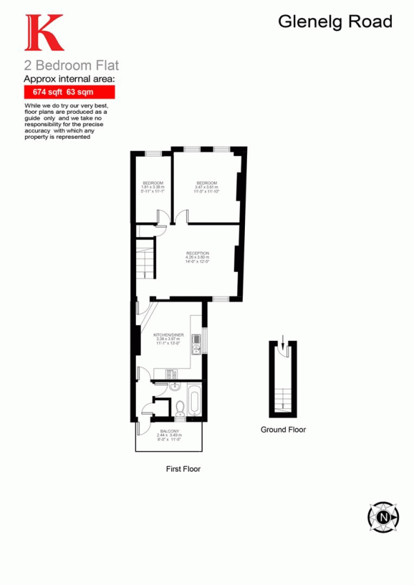 Floor Plan Image for 2 Bedroom Flat for Sale in Glenelg Road, SW2