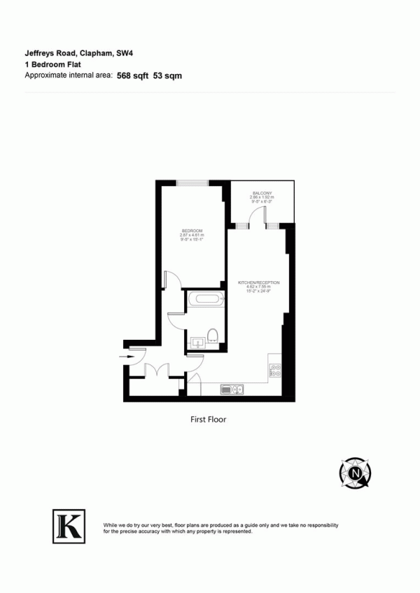 Floor Plan for 1 Bedroom Flat for Sale in Jeffreys Road, SW4, SW4, 6QU -  &pound465,000