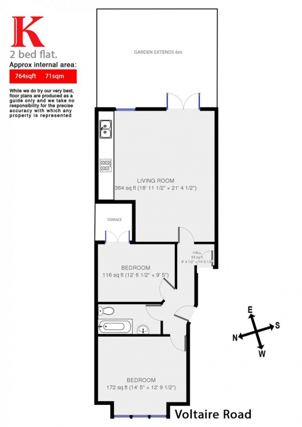 Floor Plan Image for 2 Bedroom Flat to Rent in Voltaire Road, SW4