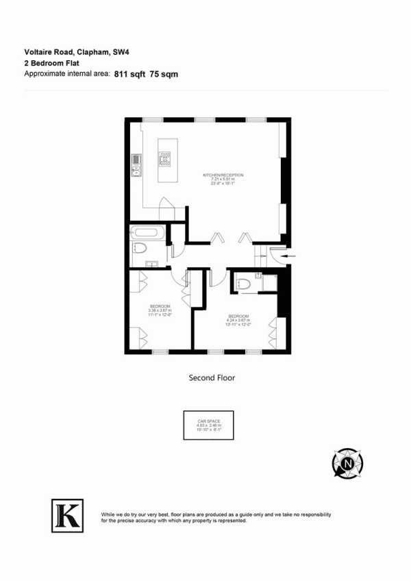 Floor Plan for 2 Bedroom Flat for Sale in Voltaire Road, SW4, SW4, 6DQ -  &pound599,950