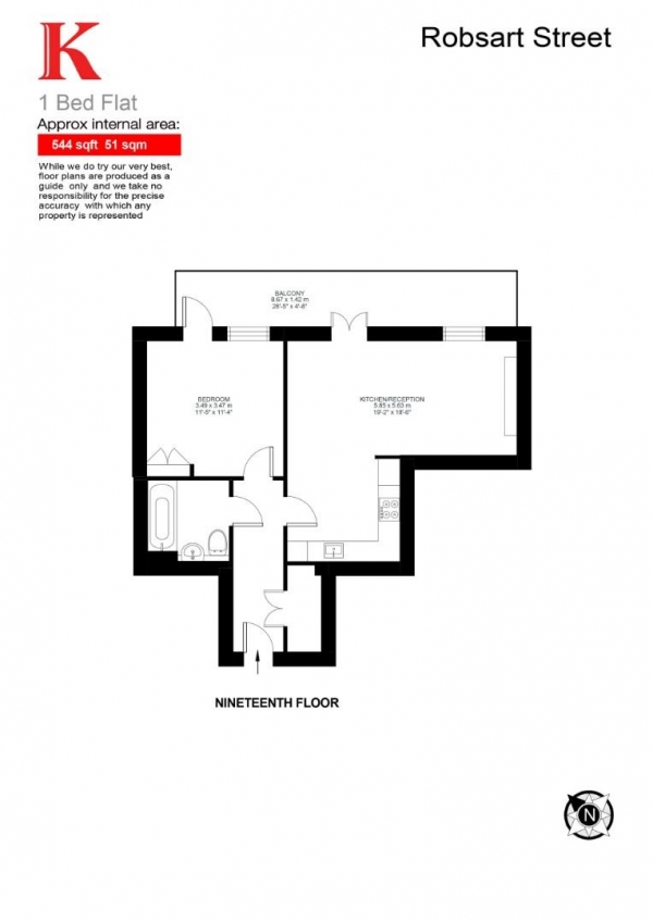 Floor Plan for 1 Bedroom Penthouse for Sale in Robsart Street, SW9, SW9, 0FA -  &pound475,000