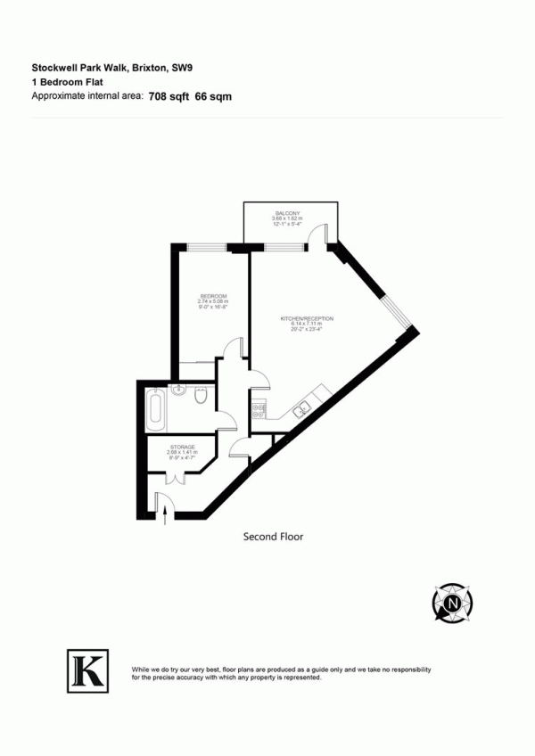 Floor Plan for 1 Bedroom Flat for Sale in Stockwell Park Walk, SW9, SW9, 0FG -  &pound425,000