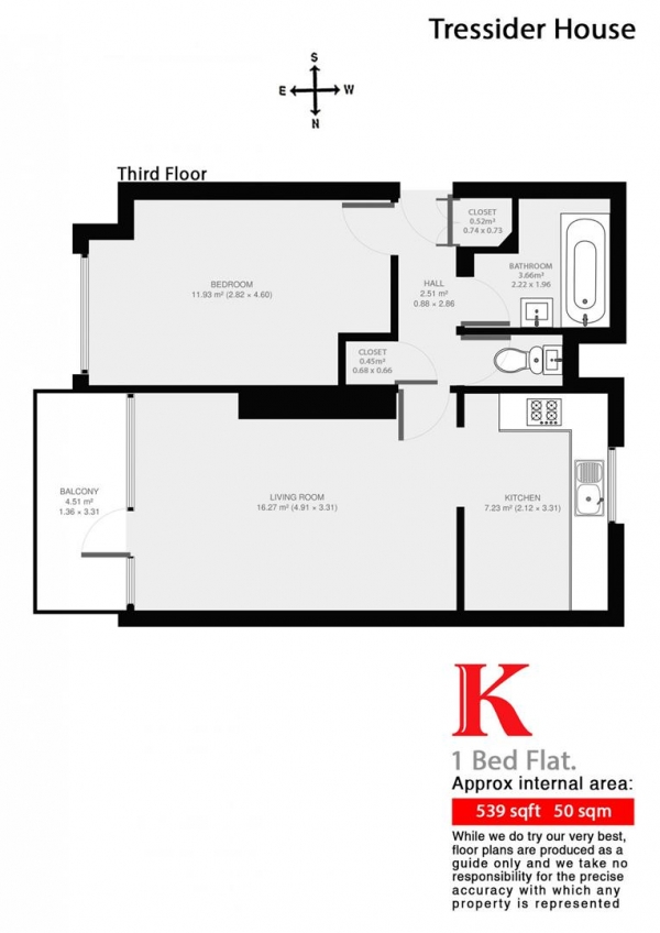 Floor Plan Image for 1 Bedroom Flat to Rent in Tressider House, SW4