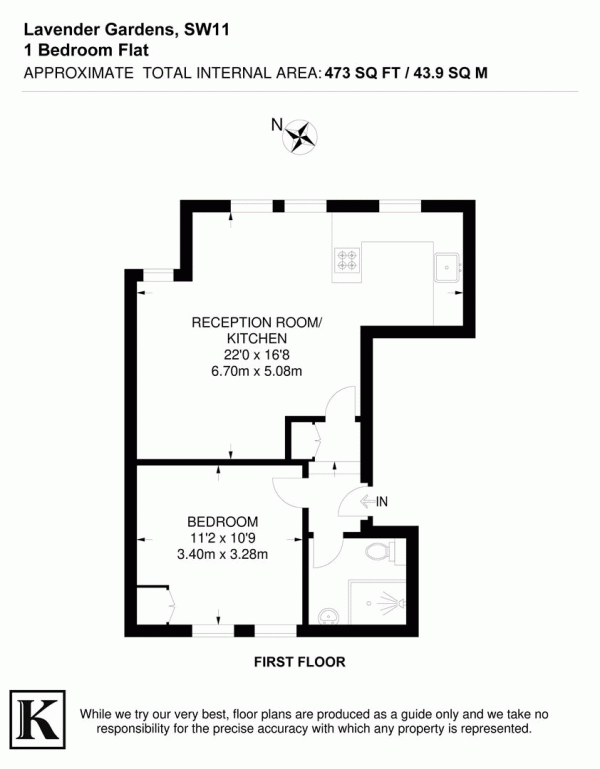 Floor Plan for 1 Bedroom Flat for Sale in Lavender Gardens, SW11, SW11, 1DJ -  &pound470,000