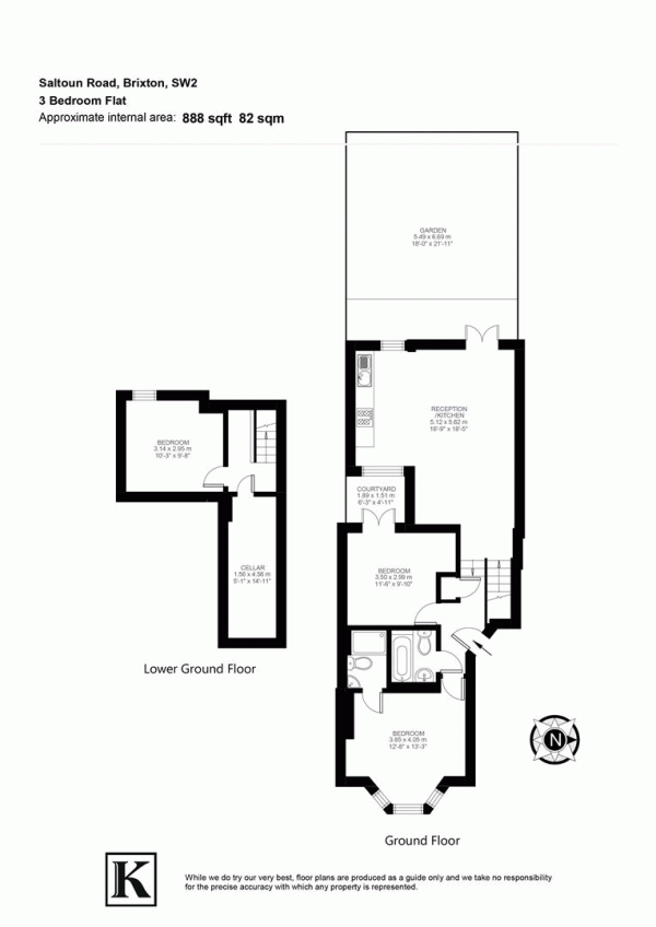 Floor Plan Image for 3 Bedroom Flat for Sale in Saltoun Road, SW2